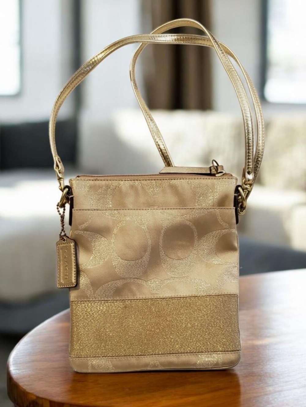 Coach Signature Stripe Shimmer Gold Studded Crossbody Purse - Picture 2 of 6